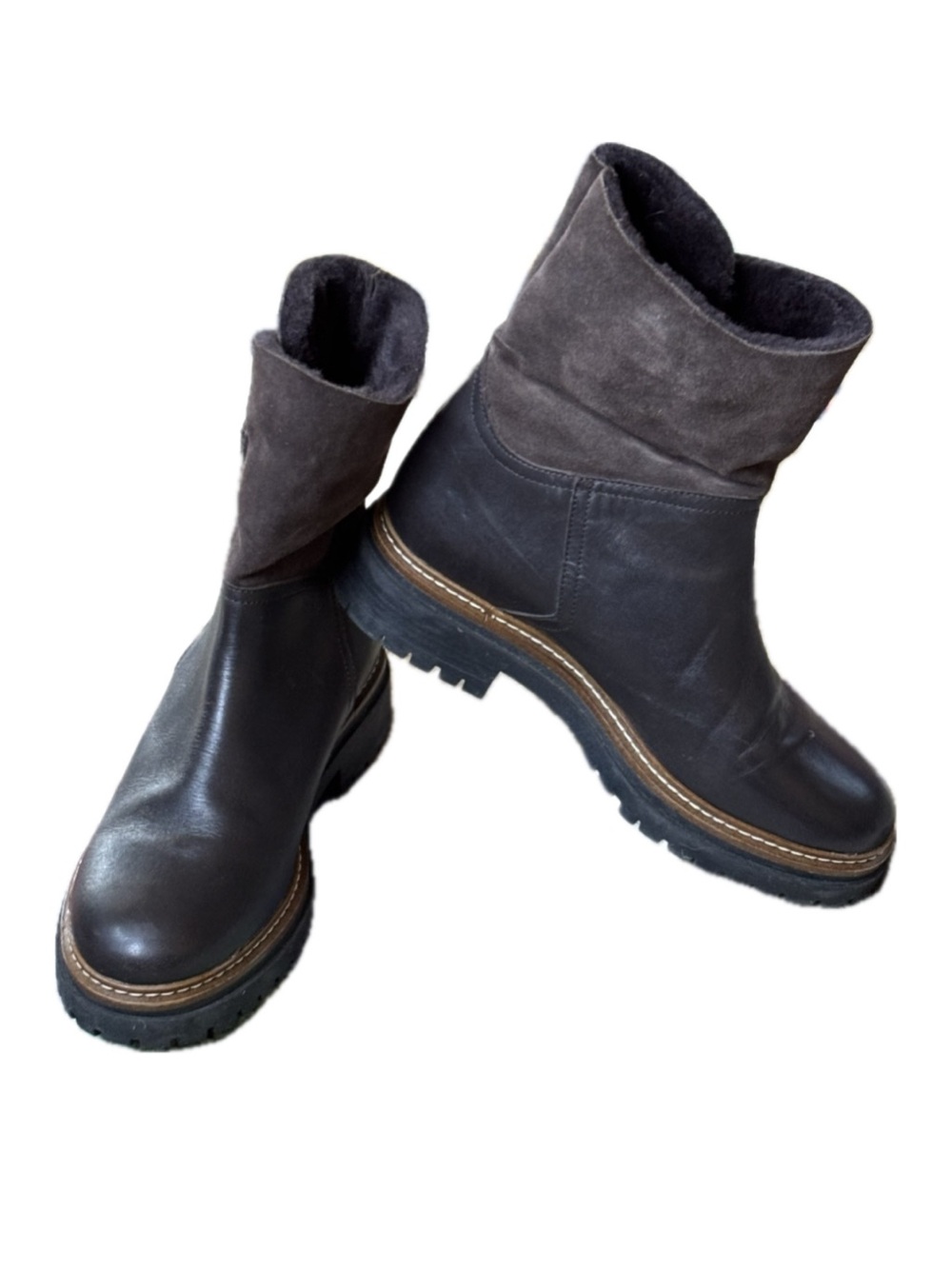 Fabianelli Italian Leather Suede Zip Ankle Lug Sole Boots Faux Fur Brown size 8